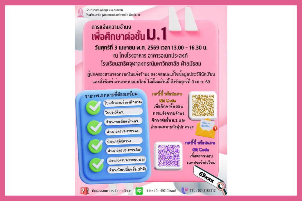 การแจ้งความจำนงเพื่อศึกษาต่อชั้นม.1 โรงเรียนสาธิตจุฬาลงกรณ์มหาวิทยาลัย ฝ่ายมัธยม